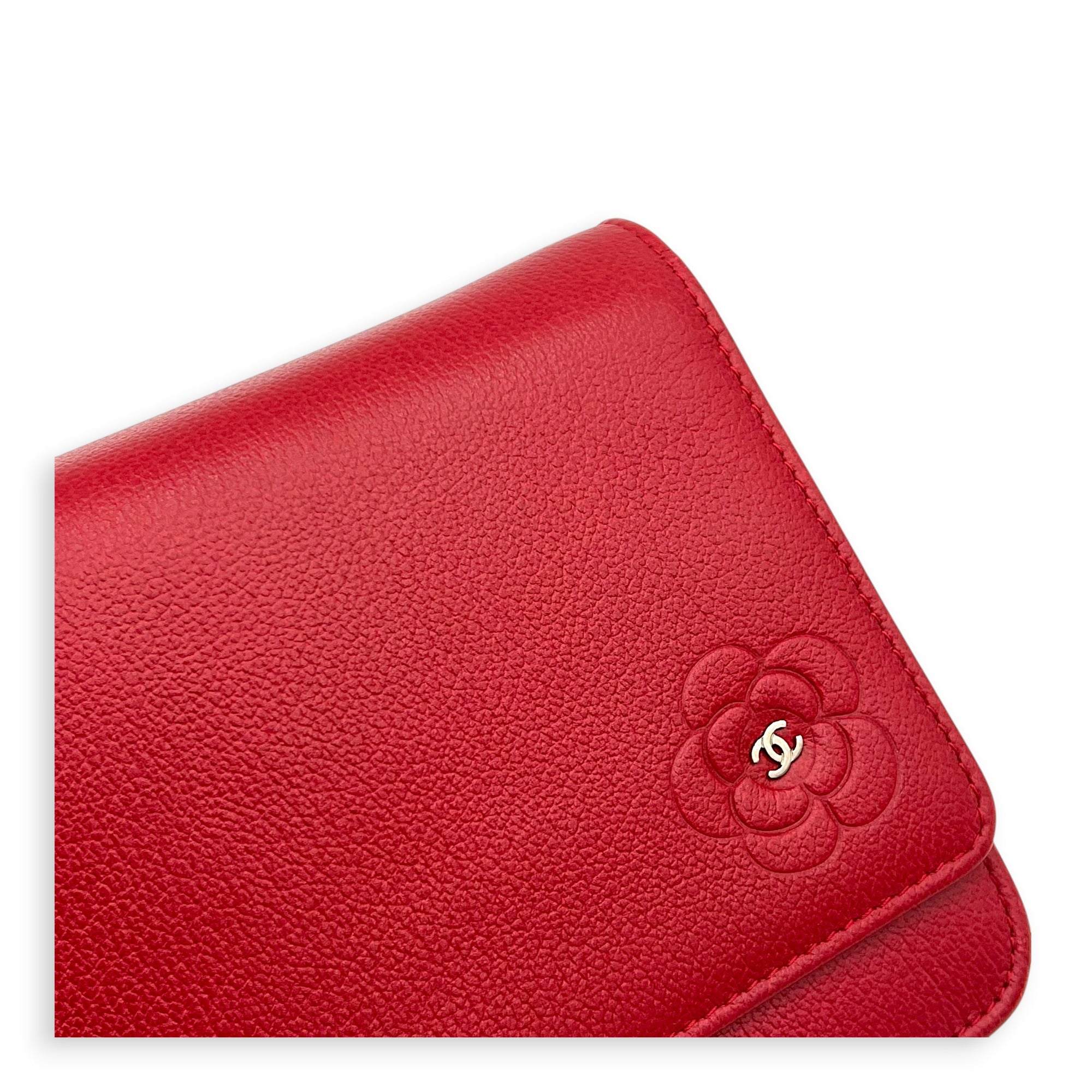 Camelia Wallet On Chain Red in Calfskin, Silver hardware