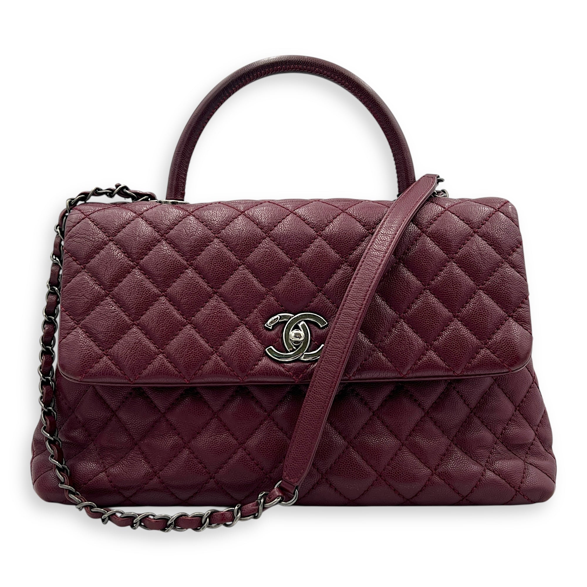 Coco Handle Quilted Top Handle Bag Red in Caviar Leather, Ruthenium hardware