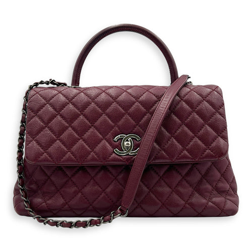 Coco Handle Quilted Top Handle Bag Red in Caviar Leather, Ruthenium hardware