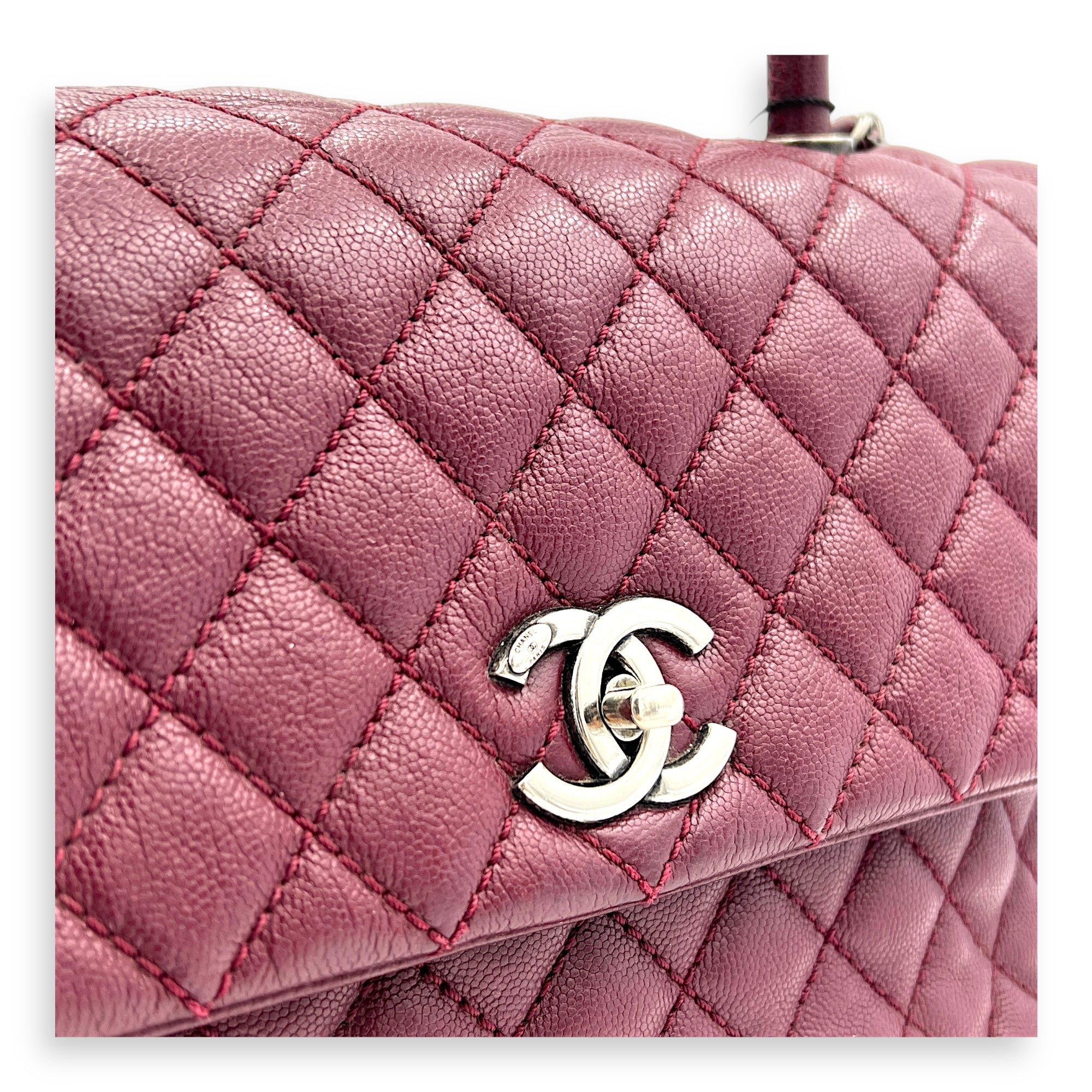 Coco Handle Quilted Top Handle Bag Red in Caviar Leather, Ruthenium hardware
