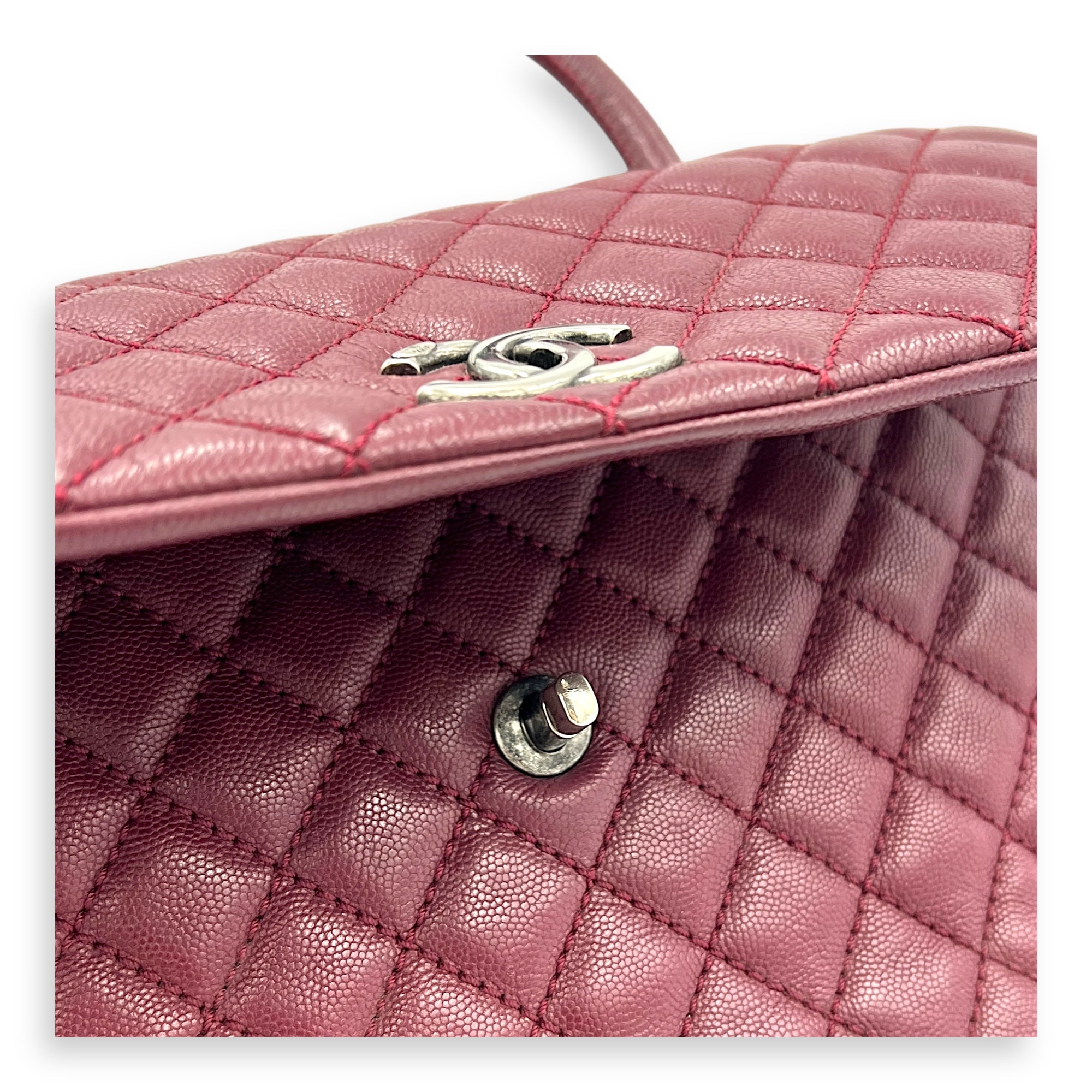 Coco Handle Quilted Top Handle Bag Red in Caviar Leather, Ruthenium hardware