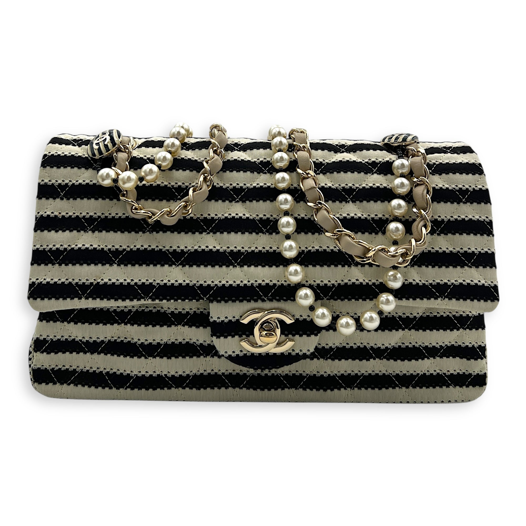 Coco Sailor Flap Black and White Shoulder Bag in Jersey, Silver hardware