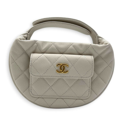 23B Mini Hobo Top Handle Bag White in Caviar Leather, Gold hardware