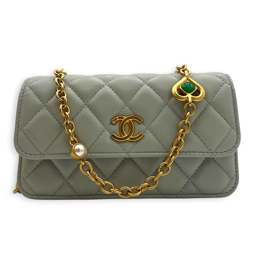 CC Pearl and Heart Chain Wallet On Chain Blue in Lambskin, Gold hardware