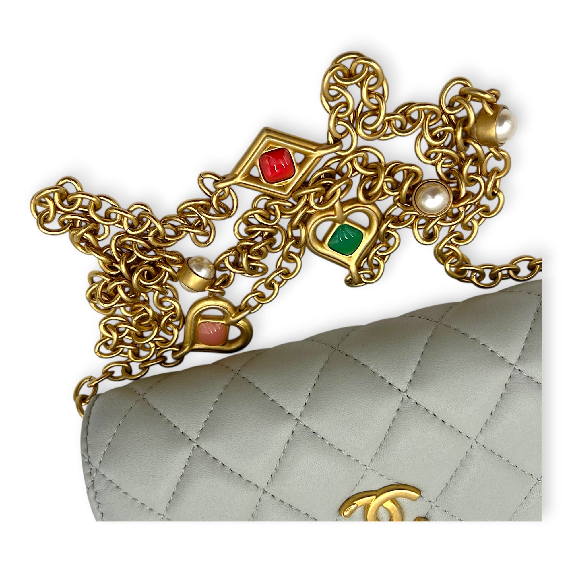CC Pearl and Heart Chain Wallet On Chain Blue in Lambskin, Gold hardware