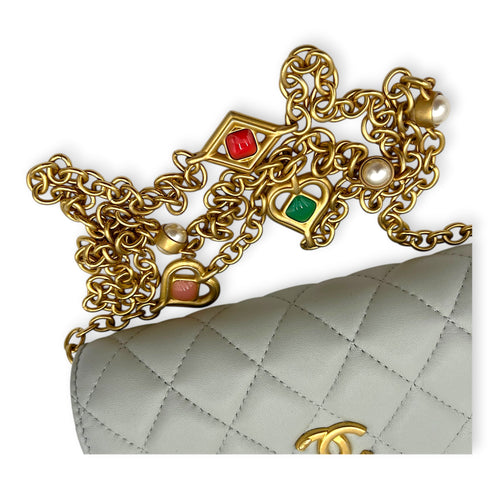 CC Pearl and Heart Chain Wallet On Chain Blue in Lambskin, Gold hardware
