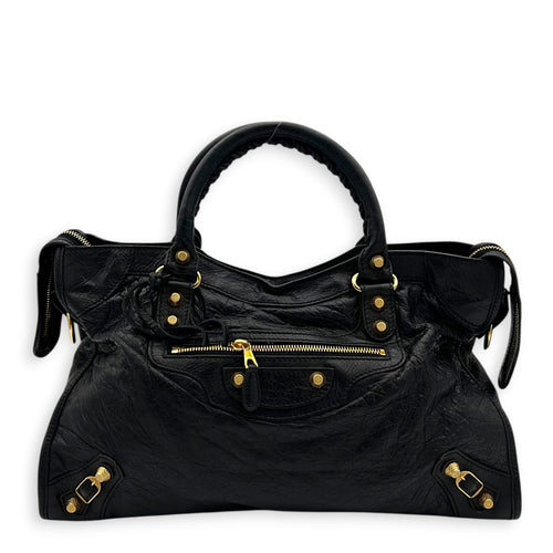 City Top Handle Bag Black in Distressed Leather, Gold hardware