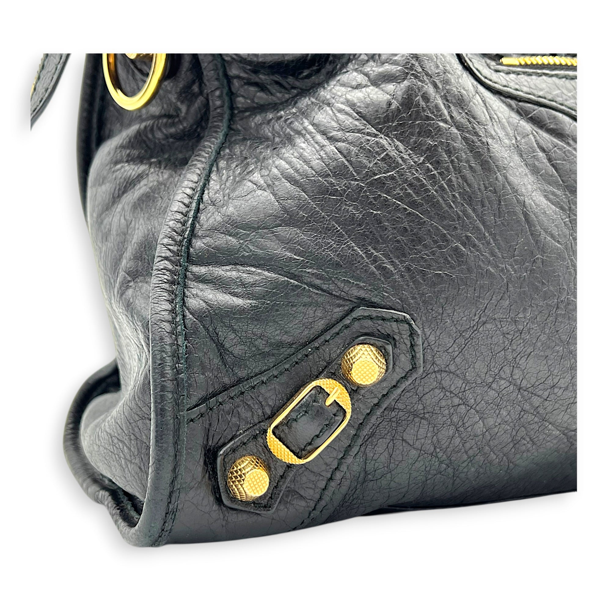 City Top Handle Bag Black in Distressed Leather, Gold hardware