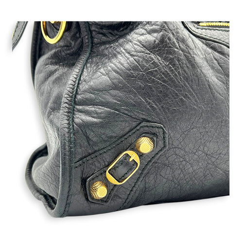 City Top Handle Bag Black in Distressed Leather, Gold hardware