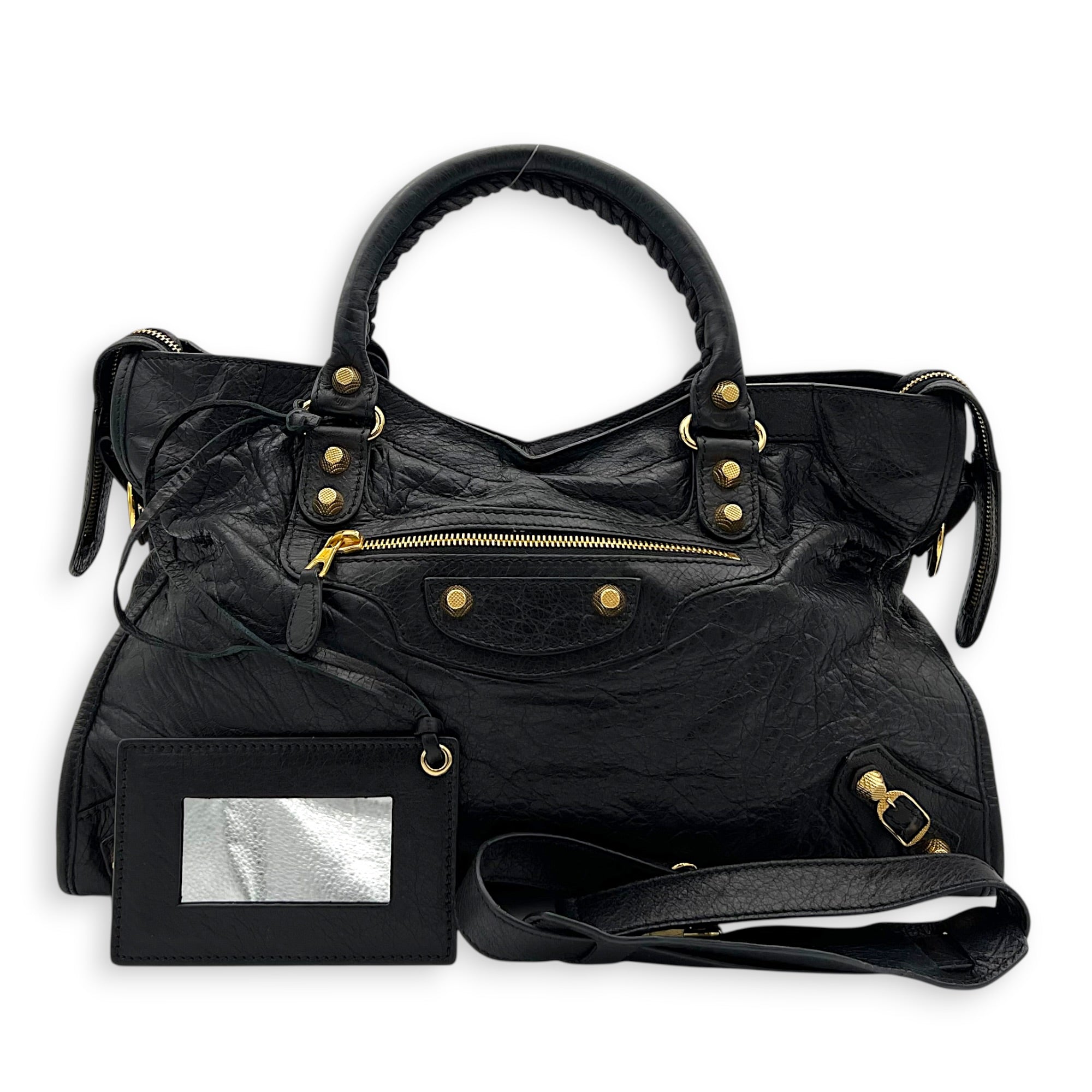 City Top Handle Bag Black in Distressed Leather, Gold hardware