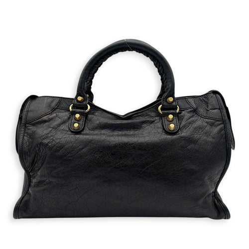 City Top Handle Bag Black in Distressed Leather, Gold hardware