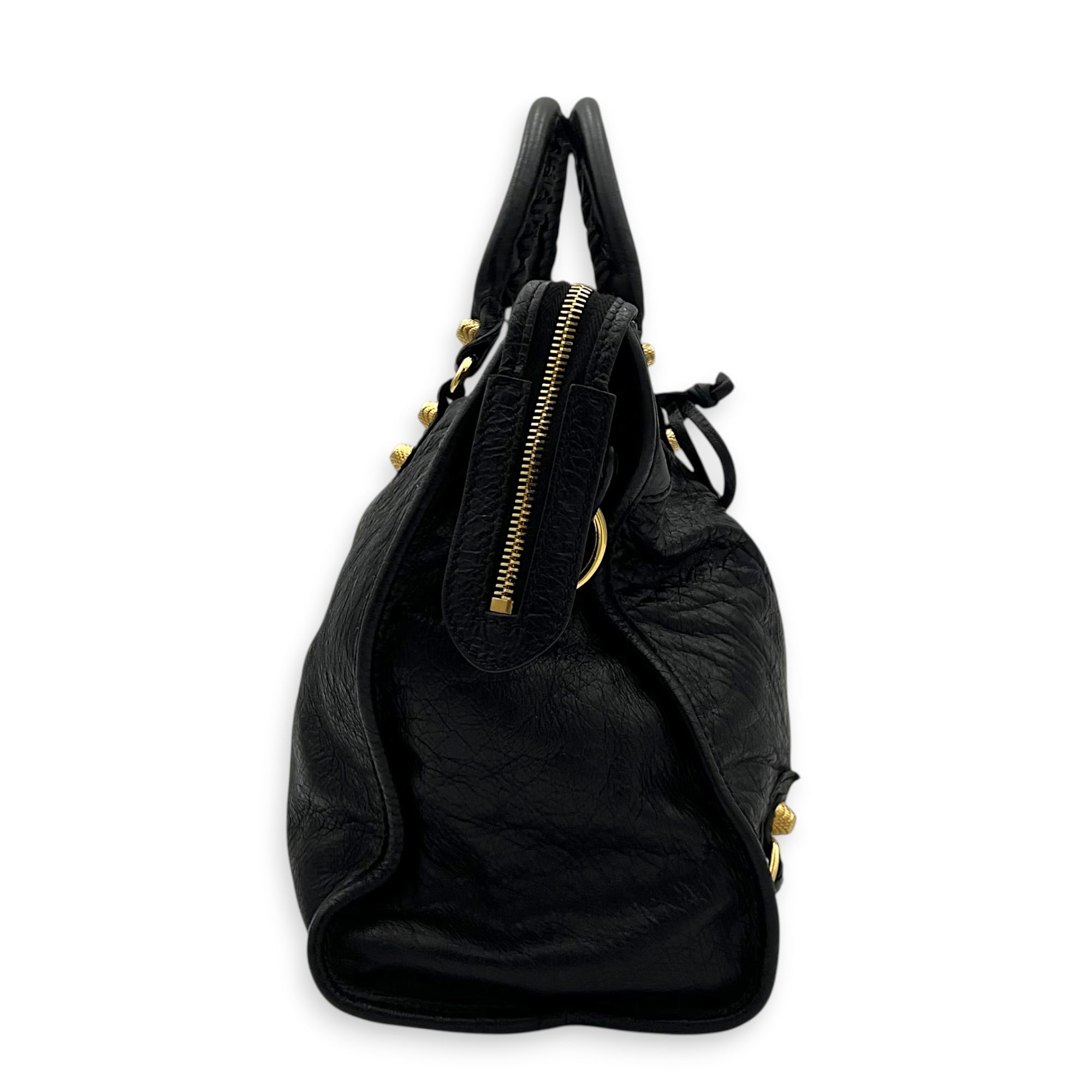 City Top Handle Bag Black in Distressed Leather, Gold hardware
