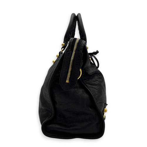 City Top Handle Bag Black in Distressed Leather, Gold hardware