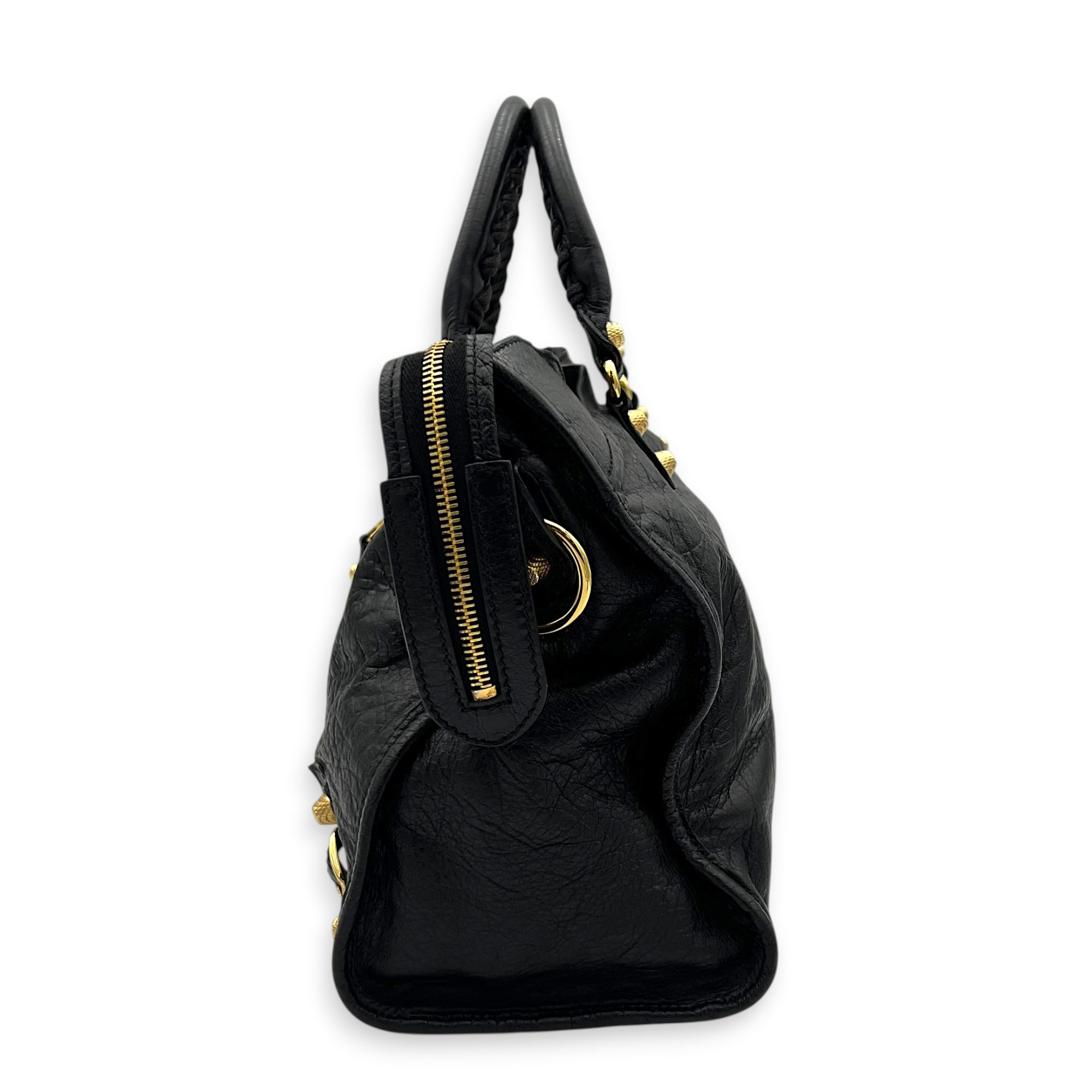 City Top Handle Bag Black in Distressed Leather, Gold hardware