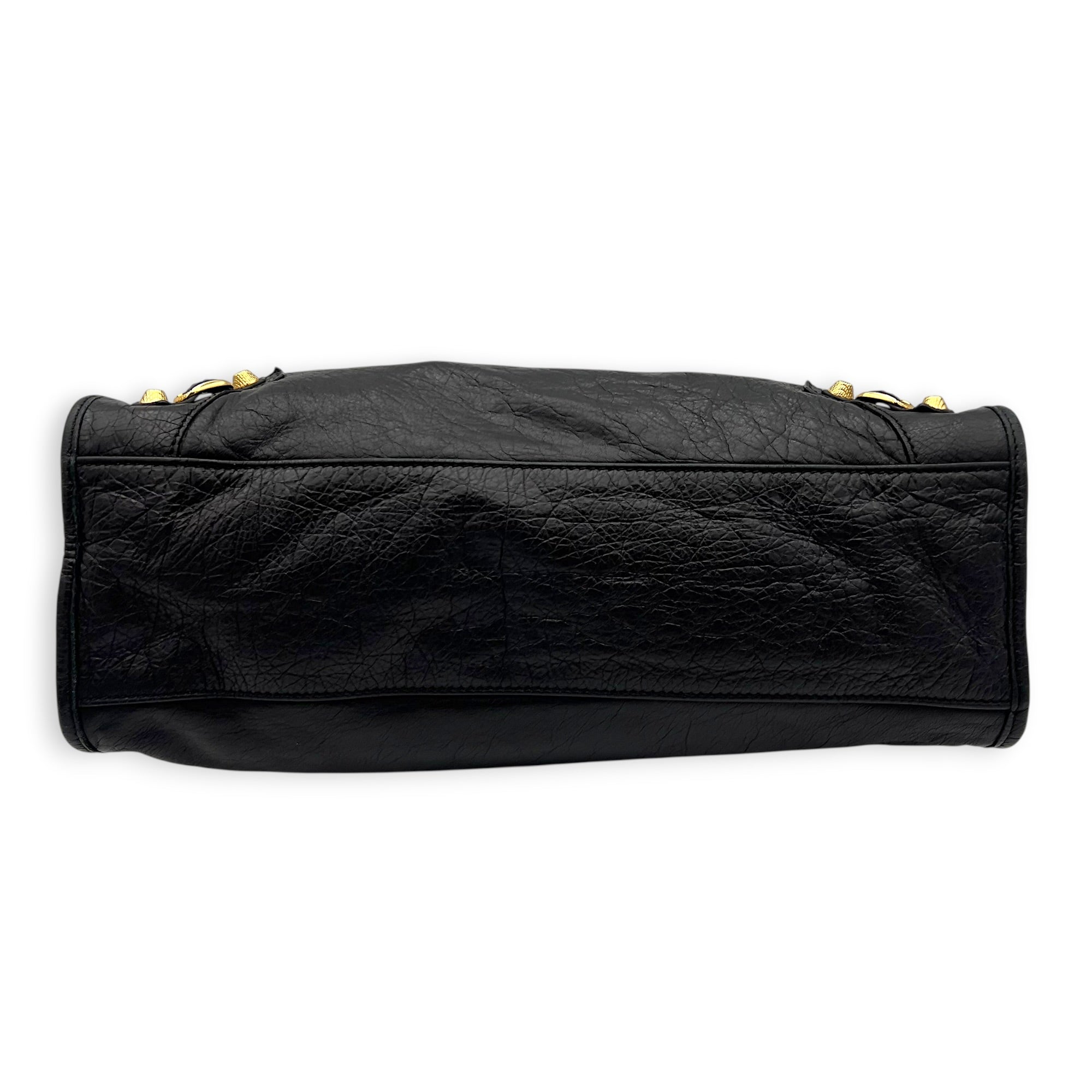 City Top Handle Bag Black in Distressed Leather, Gold hardware