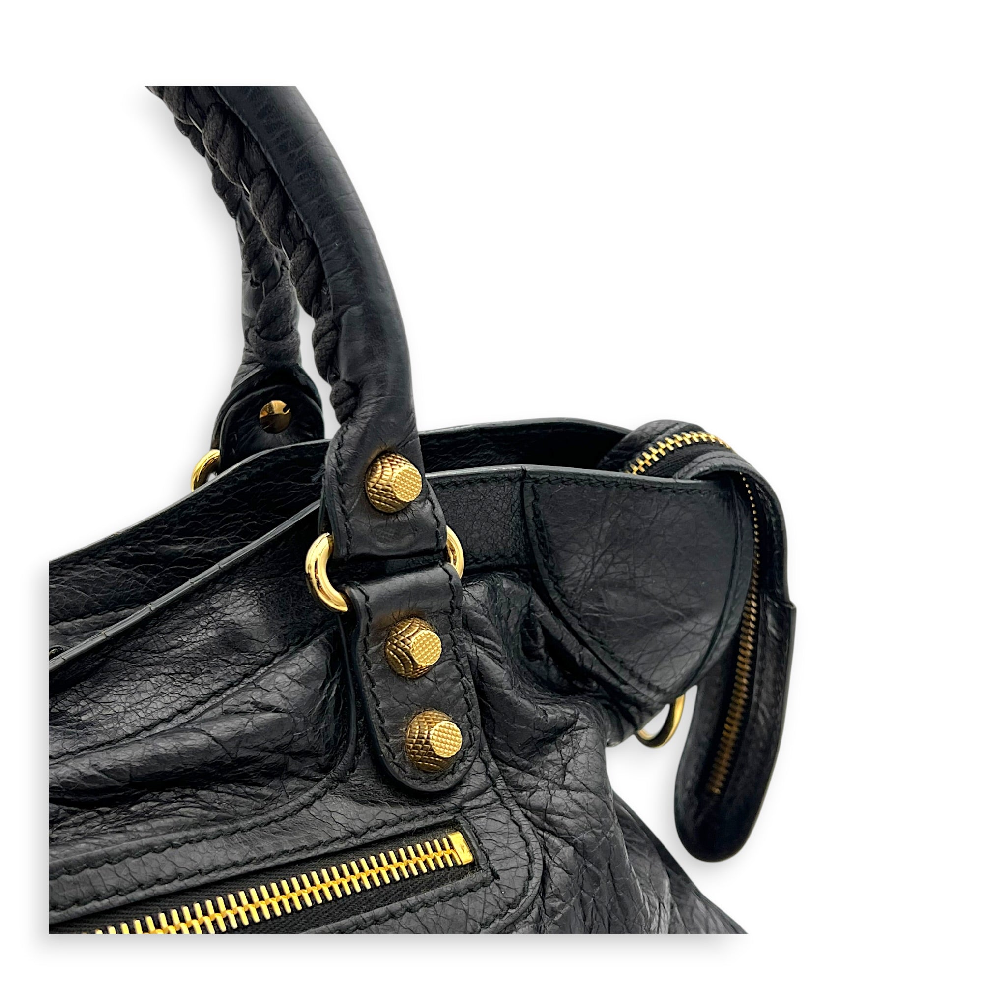 City Top Handle Bag Black in Distressed Leather, Gold hardware