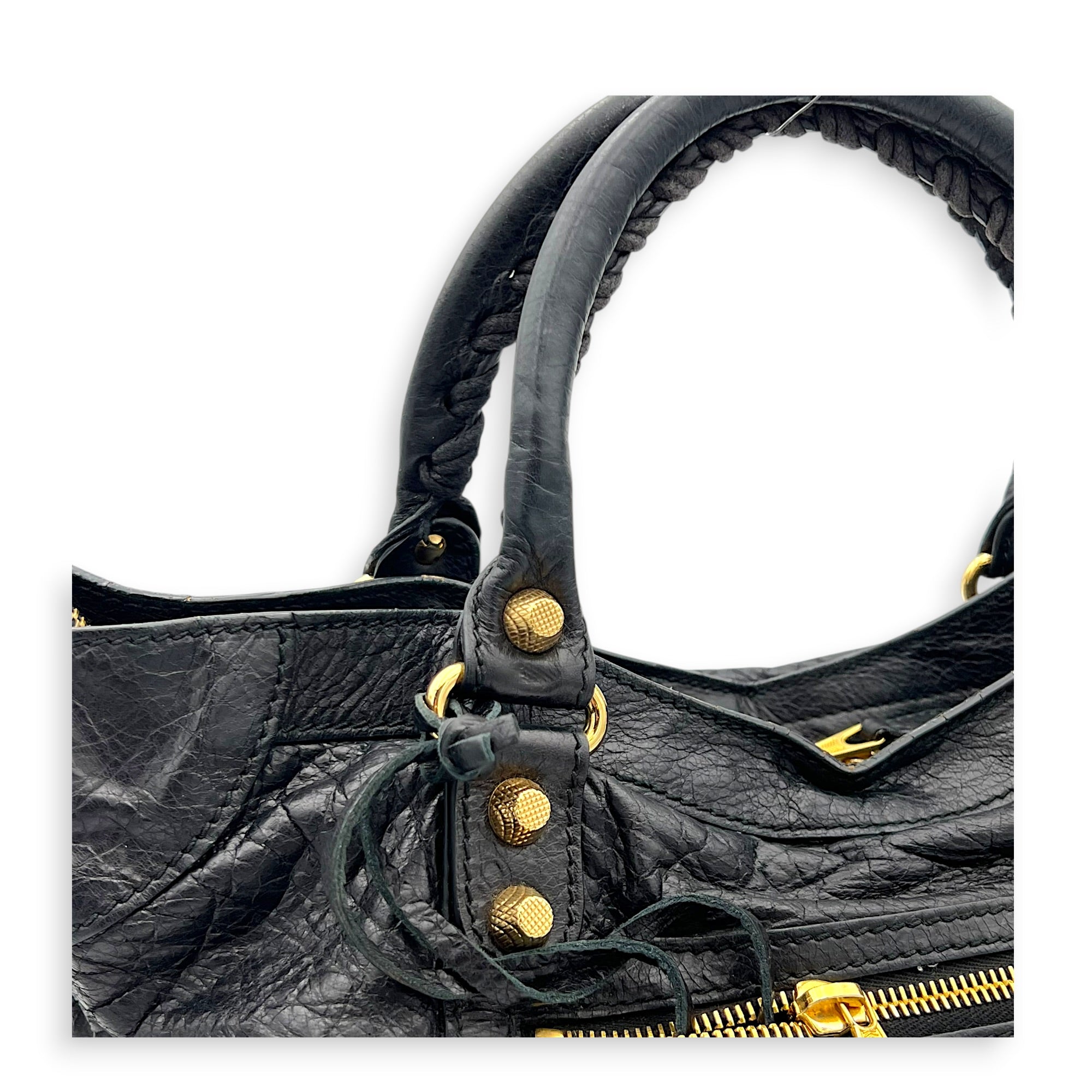City Top Handle Bag Black in Distressed Leather, Gold hardware