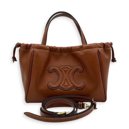 Triomphe Drawstring Top Handle Bag Brown in Calfskin, Gold hardware