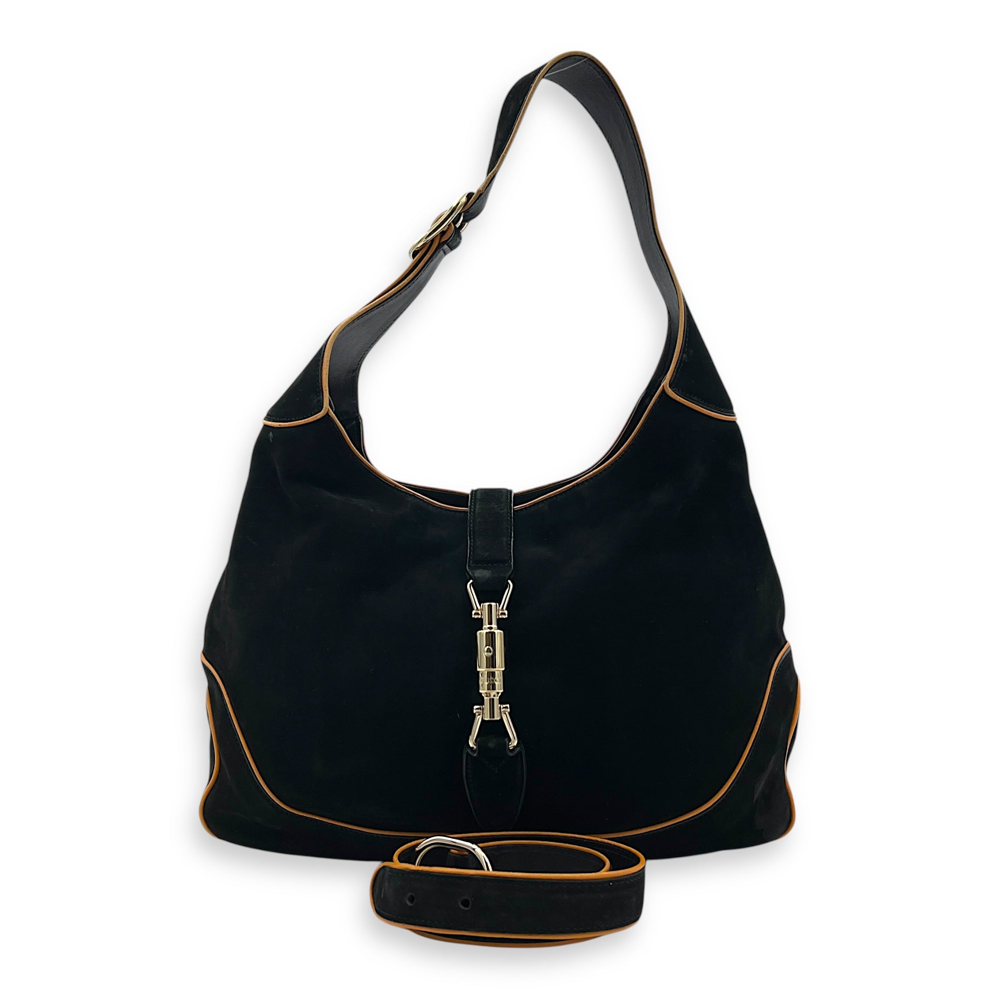Jackie Shoulder Bag Black in Suede Leather, Silver hardware
