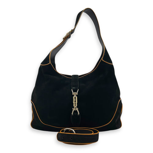 Jackie Shoulder Bag Black in Suede Leather, Silver hardware