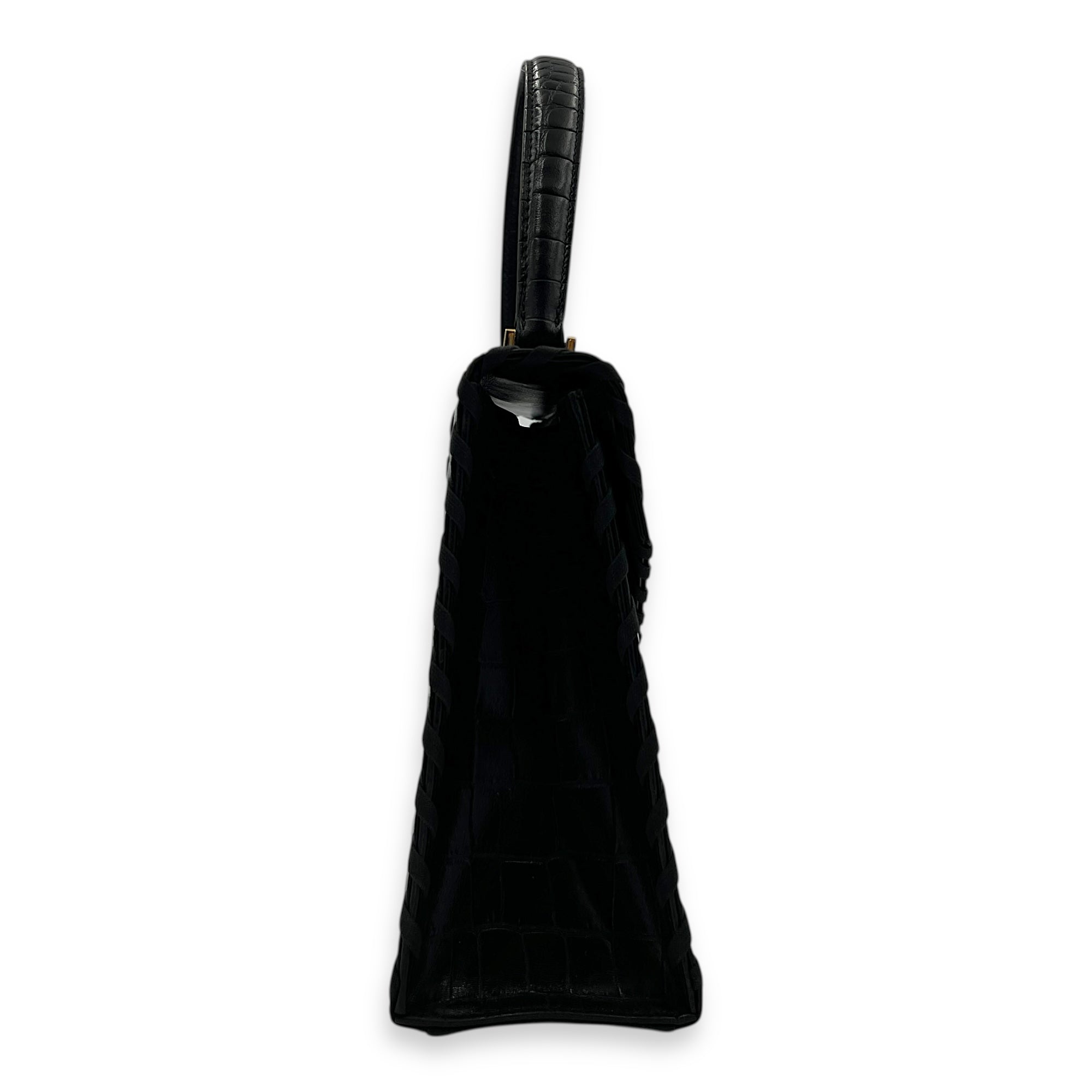 Braided Stitch Top Handle Bag Black in Crocodile Embossed Calfskin, Gold hardware