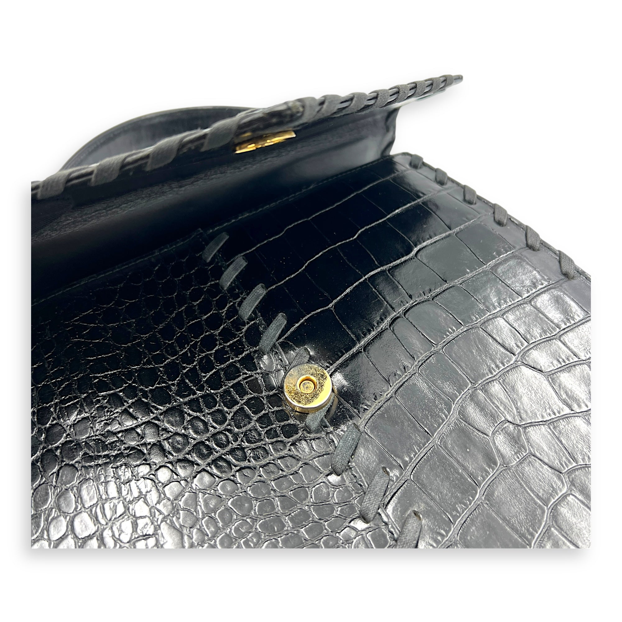 Braided Stitch Top Handle Bag Black in Crocodile Embossed Calfskin, Gold hardware