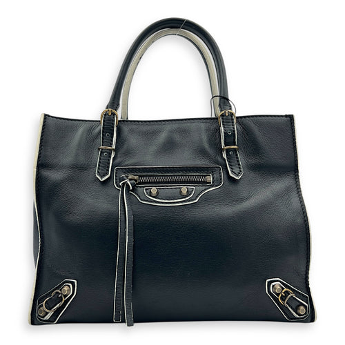 Papier Top Handle Bag Black with White Trim in Calfskin, Ruthenium hardware