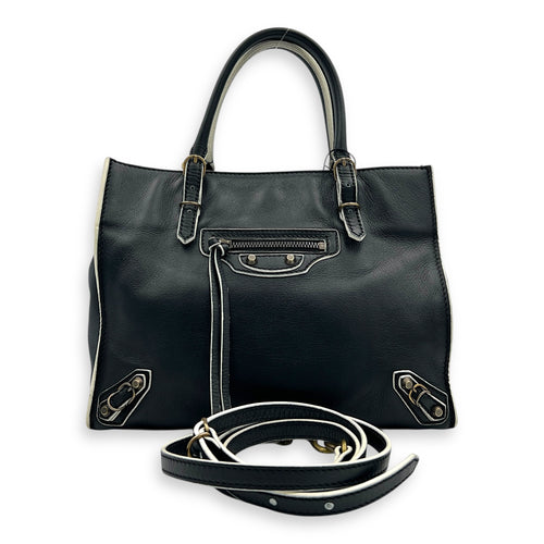 Papier Top Handle Bag Black with White Trim in Calfskin, Ruthenium hardware