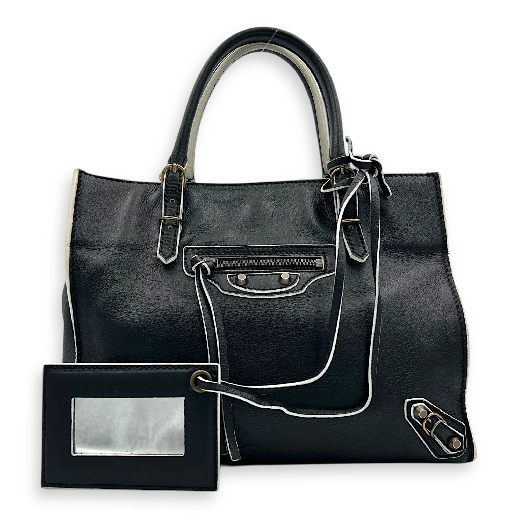 Papier Top Handle Bag Black with White Trim in Calfskin, Ruthenium hardware