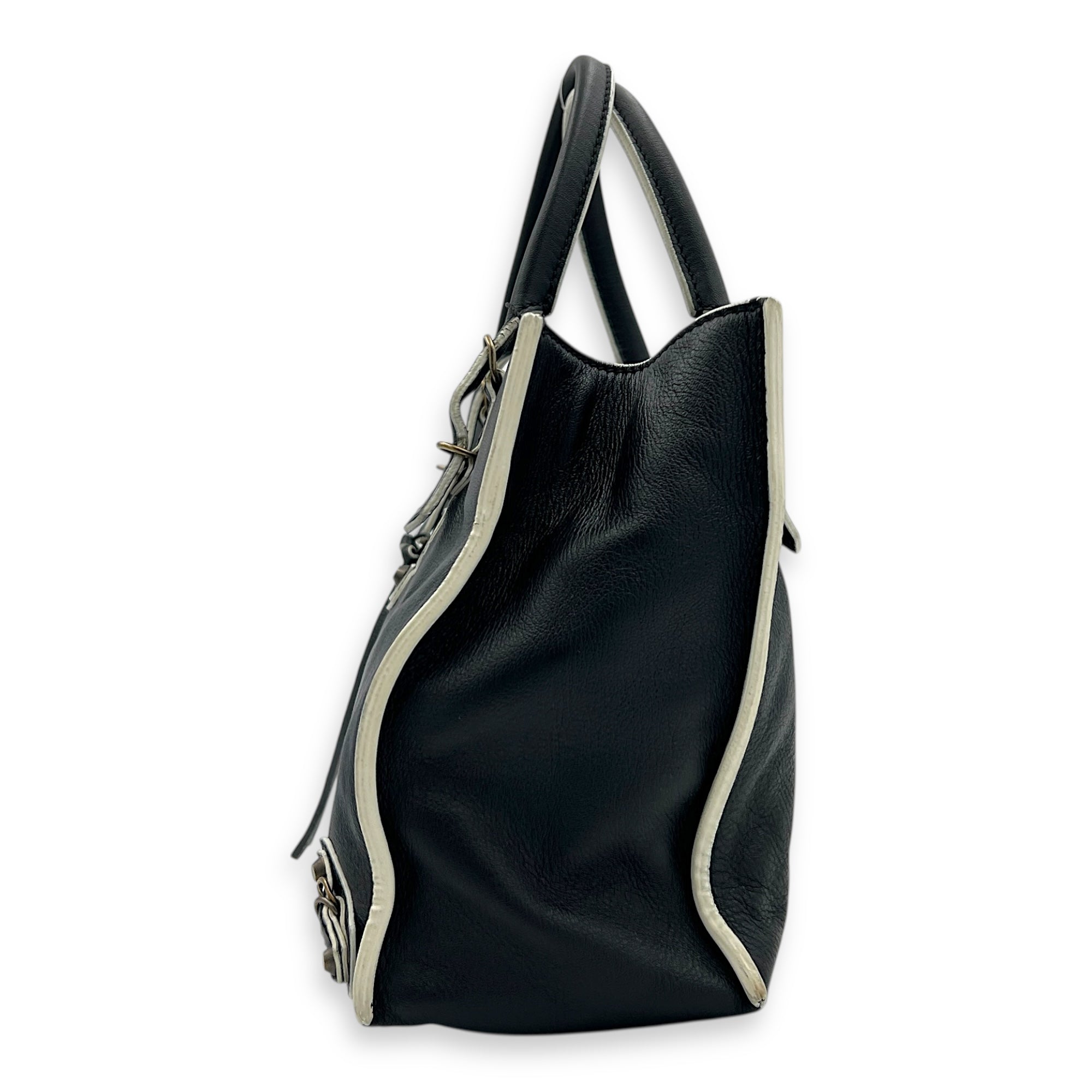 Papier Top Handle Bag Black with White Trim in Calfskin, Ruthenium hardware