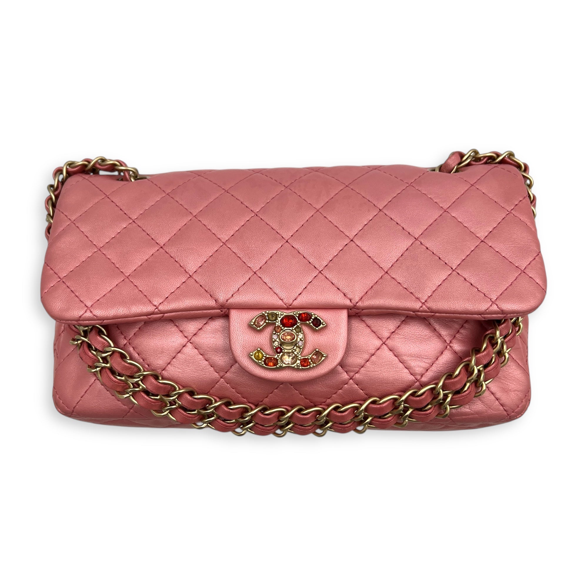 Precious Jewel Single Flap Pink Shoulder Bag in Calfskin, Gold hardware