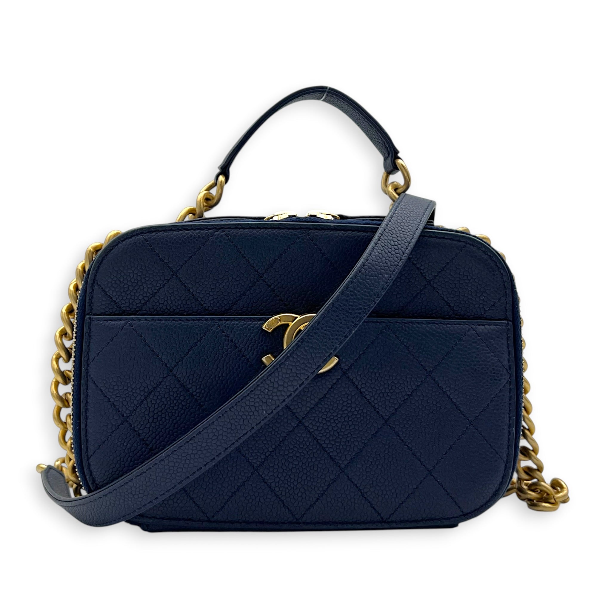 Chic Affinity Top Handle Bag Blue in Caviar Leather, Gold hardware