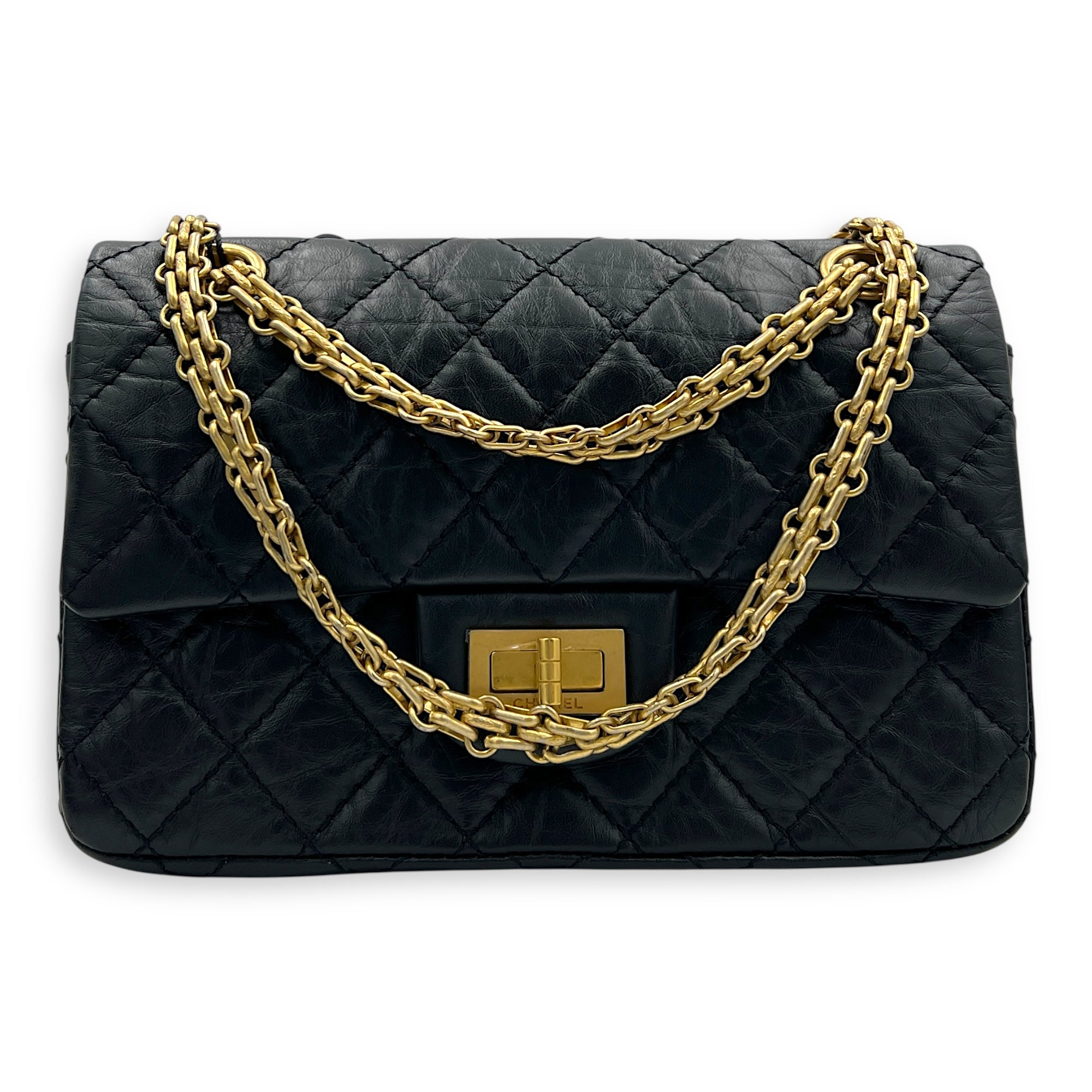 2.55 Shoulder Bag Small Black in Calfskin, Gold hardware