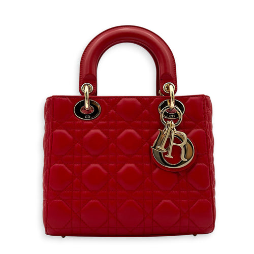 Lady Dior Top Handle Bag Red in Lambskin, Gold hardware