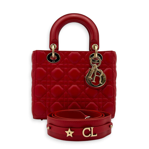 Lady Dior Top Handle Bag Red in Lambskin, Gold hardware