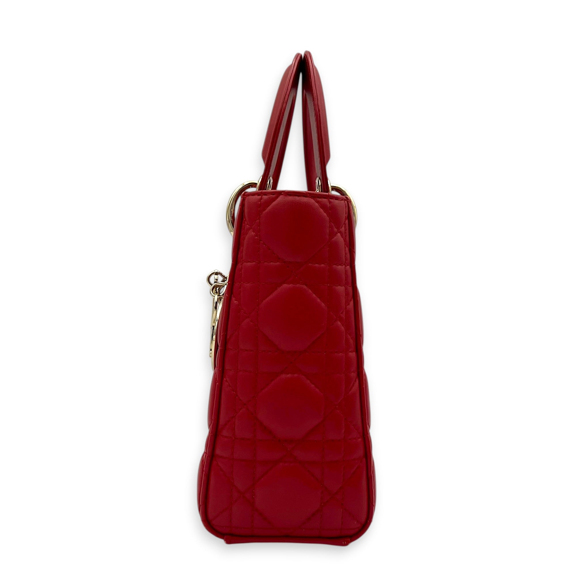 Lady Dior Top Handle Bag Red in Lambskin, Gold hardware