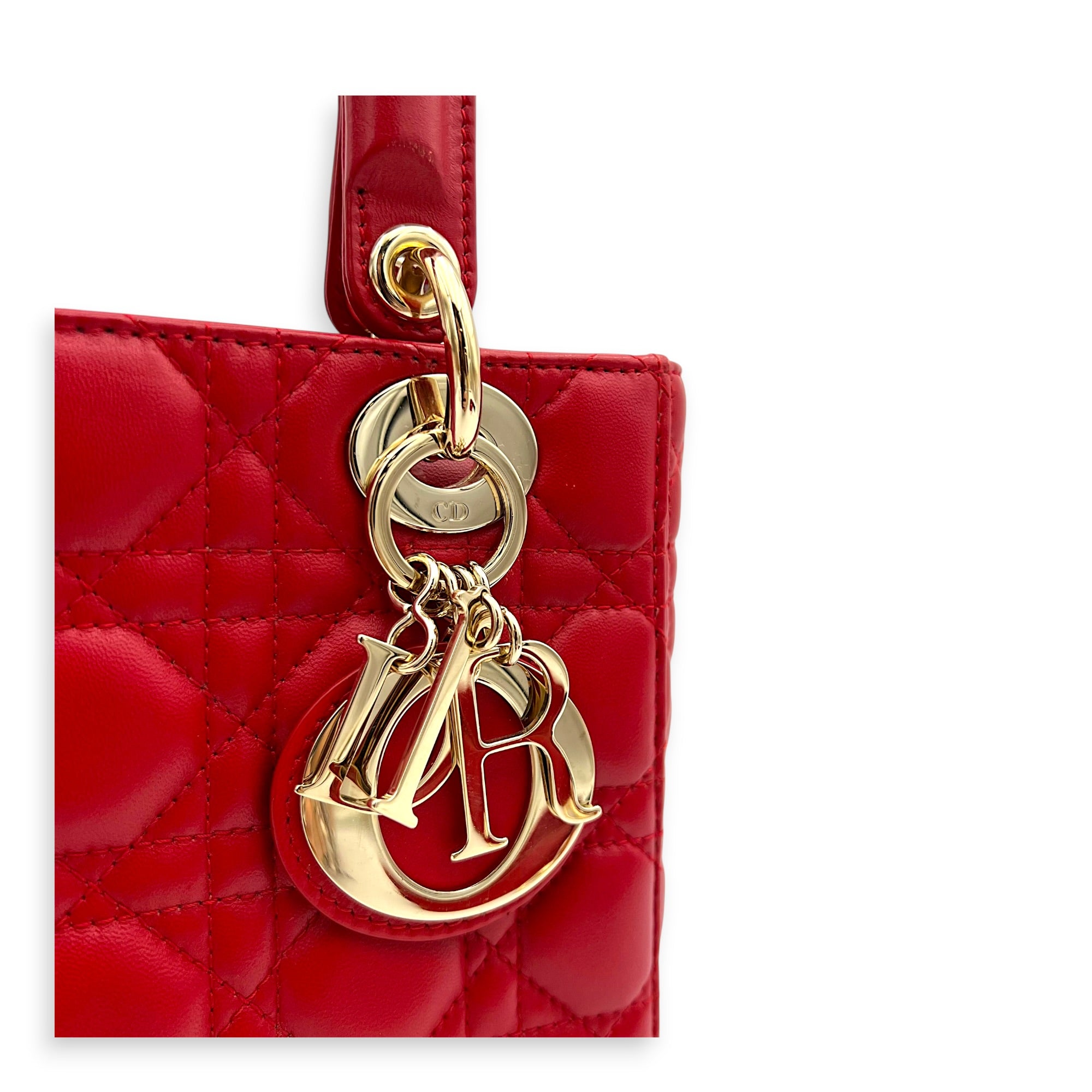 Lady Dior Top Handle Bag Red in Lambskin, Gold hardware