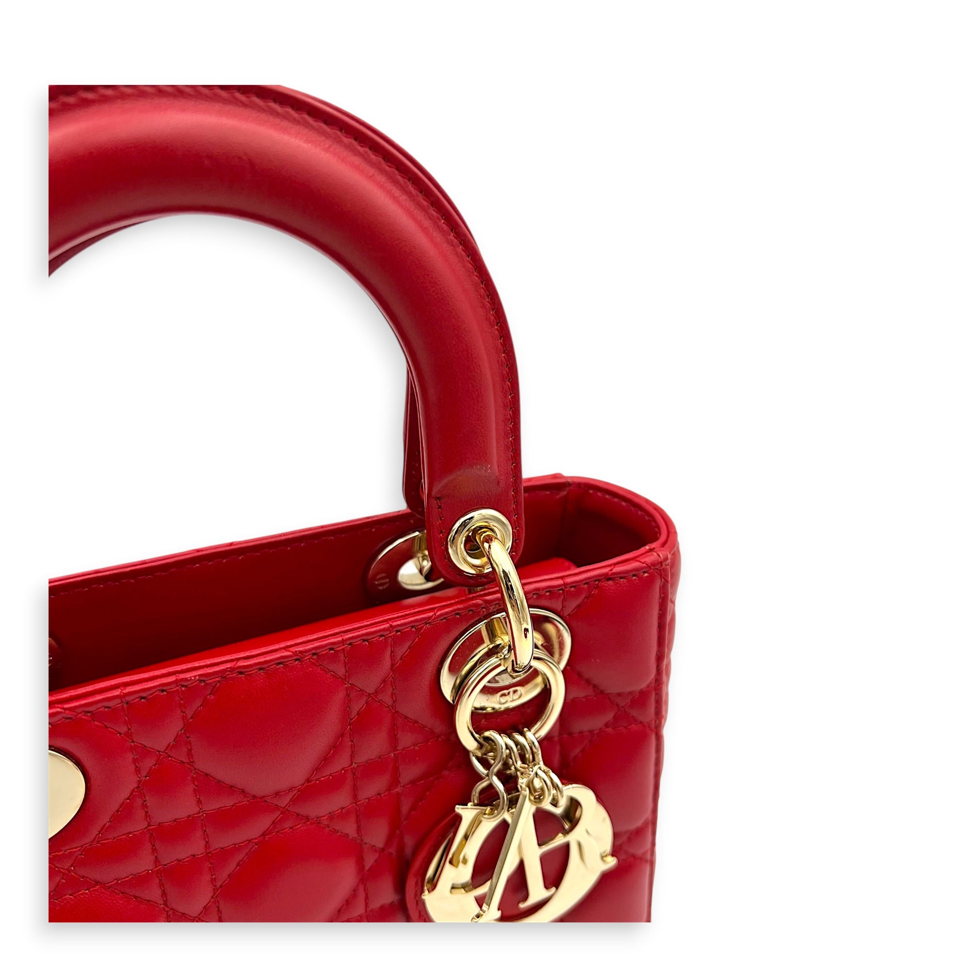 Lady Dior Top Handle Bag Red in Lambskin, Gold hardware