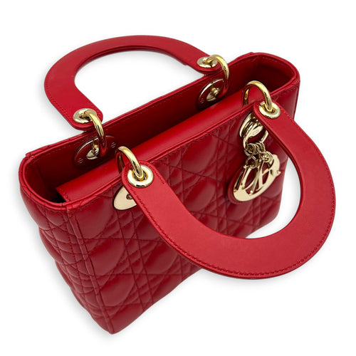 Lady Dior Top Handle Bag Red in Lambskin, Gold hardware