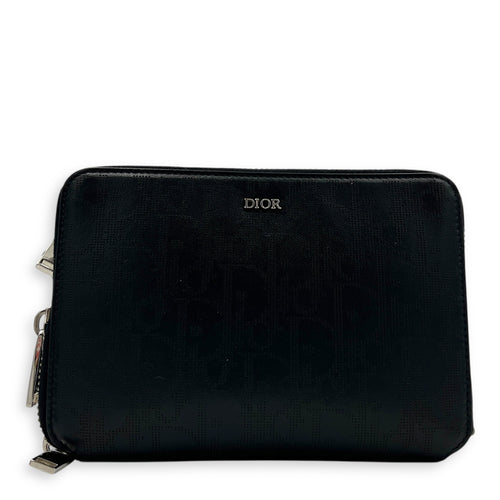 Double Zip Camera Shoulder Bag Black in Coated Canvas, Silver hardware