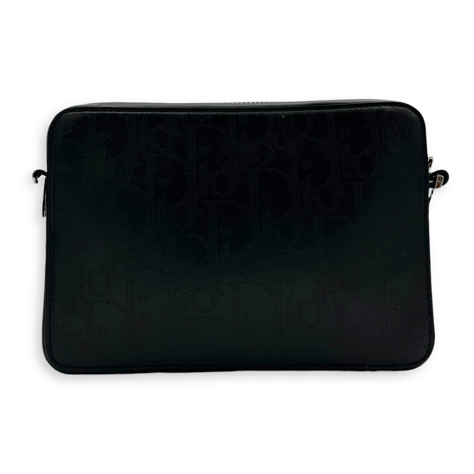 Double Zip Camera Shoulder Bag Black in Coated Canvas, Silver hardware