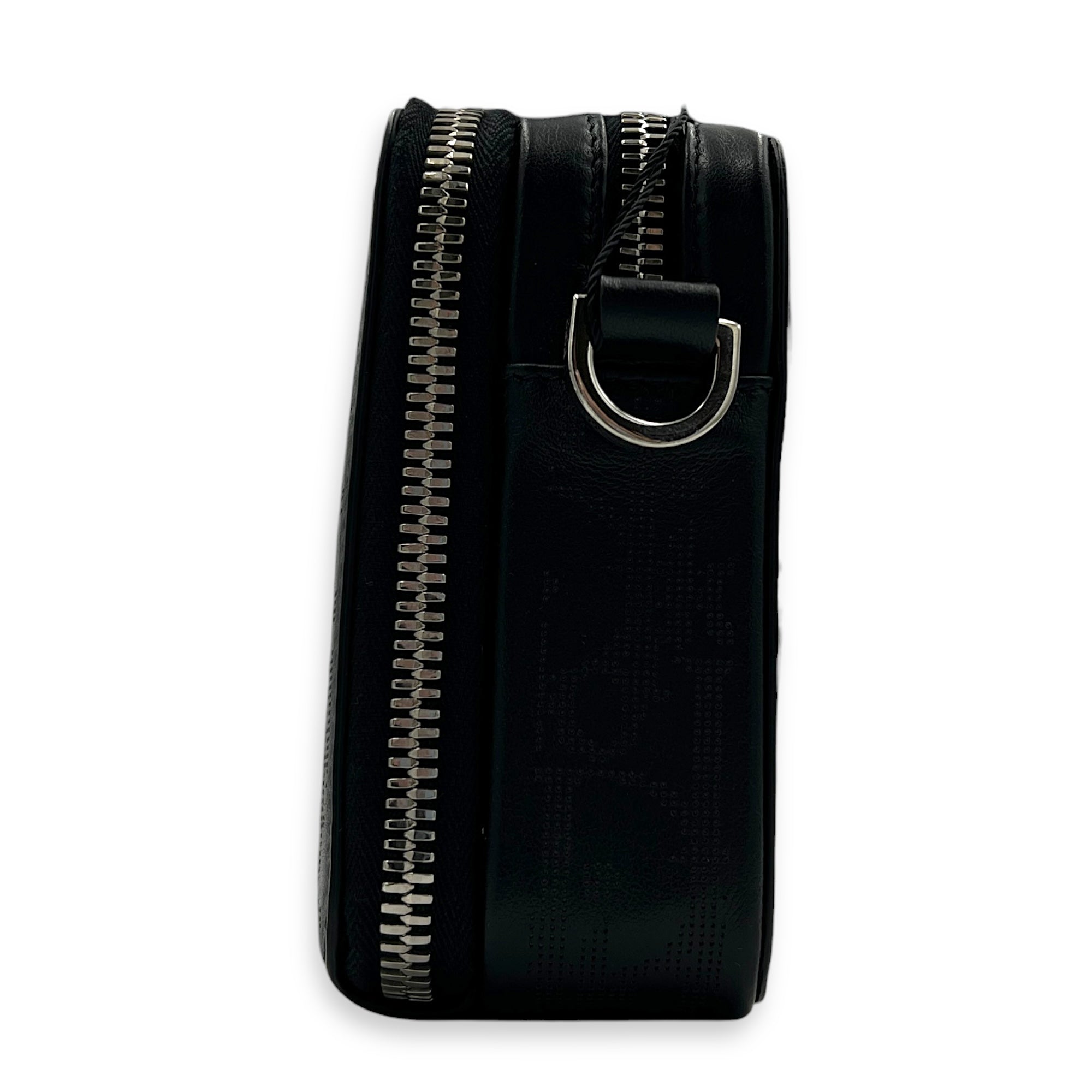 Double Zip Camera Shoulder Bag Black in Coated Canvas, Silver hardware