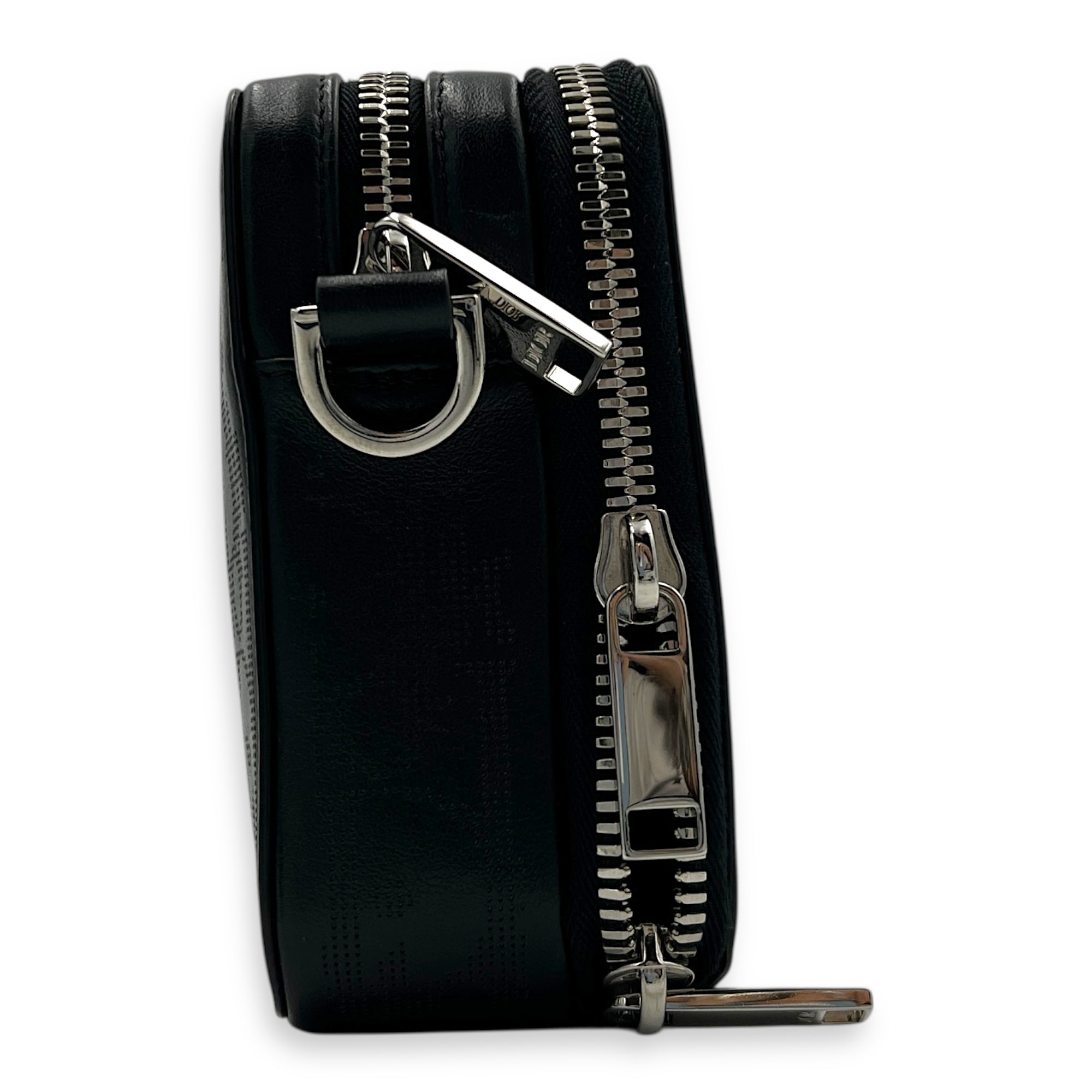 Double Zip Camera Shoulder Bag Black in Coated Canvas, Silver hardware