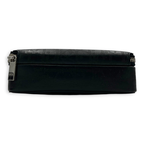 Double Zip Camera Shoulder Bag Black in Coated Canvas, Silver hardware