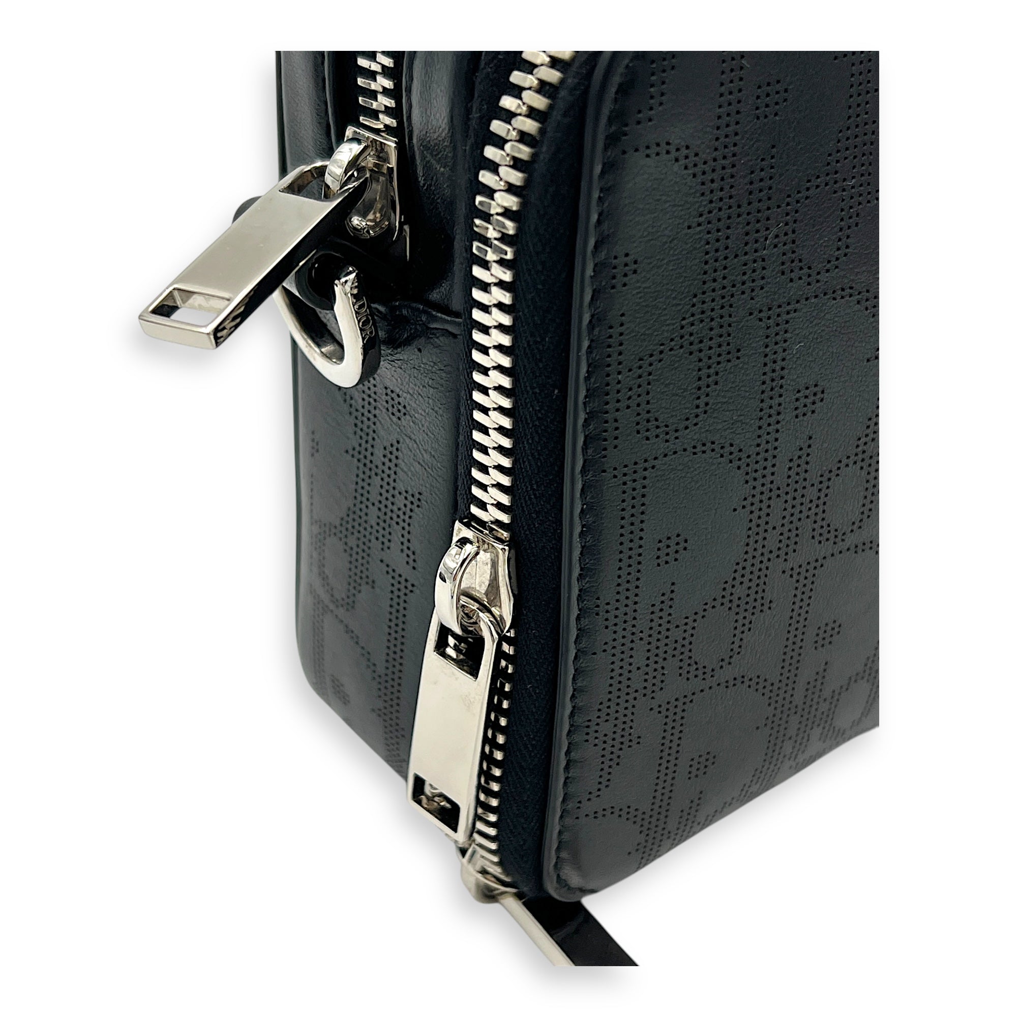 Double Zip Camera Shoulder Bag Black in Coated Canvas, Silver hardware