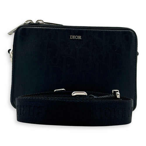 Double Zip Camera Shoulder Bag Black in Coated Canvas, Silver hardware