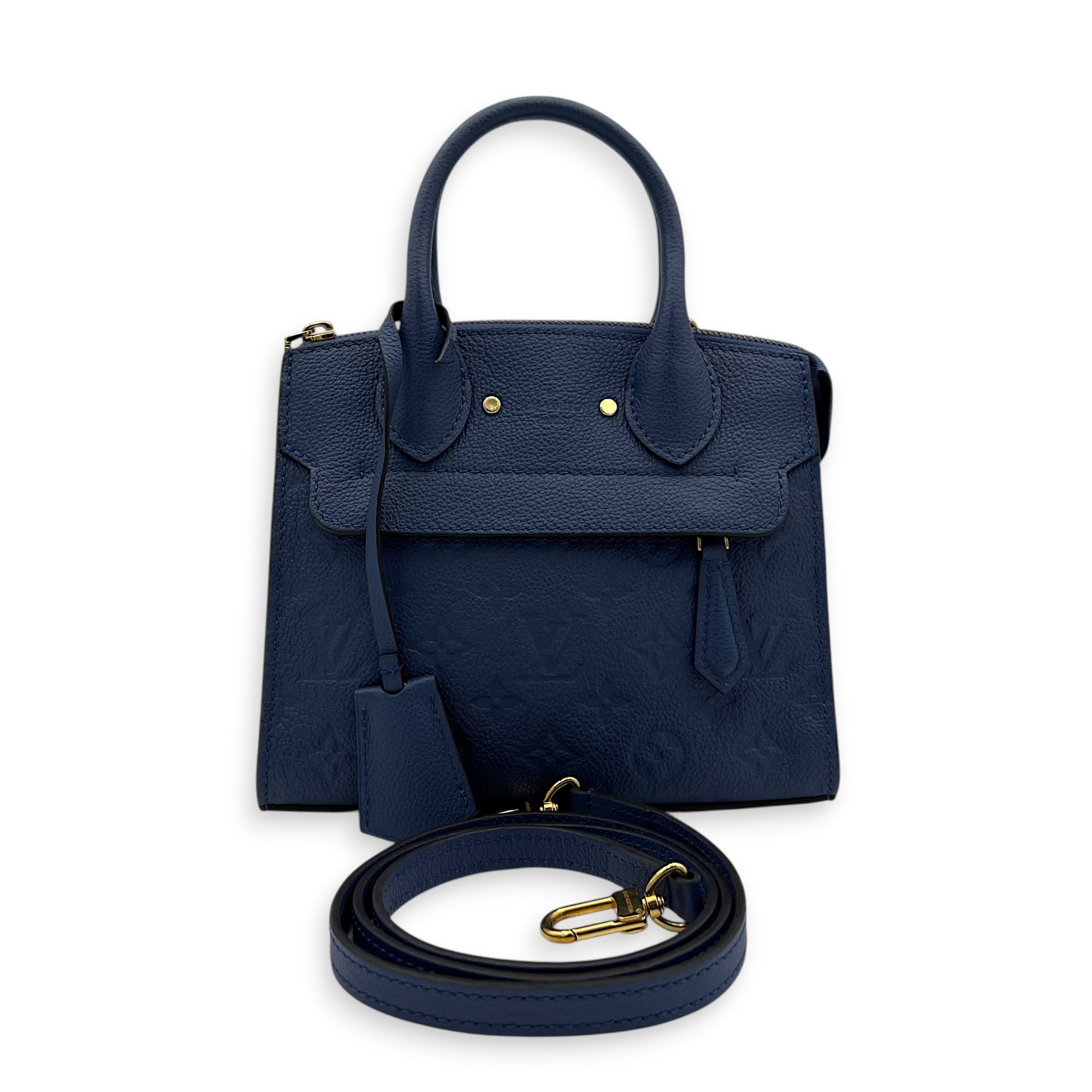 Pont Neuf Mini Blue Top Handle Bag in Empreinte Leather, Gold hardware
