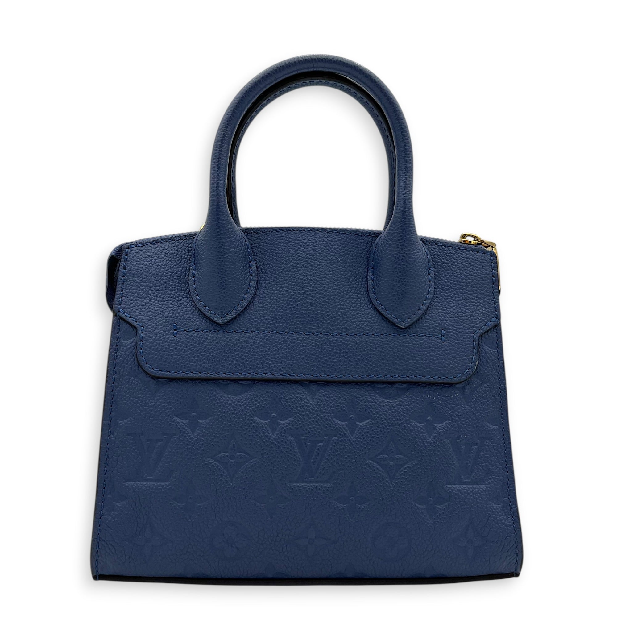 Pont Neuf Mini Blue Top Handle Bag in Empreinte Leather, Gold hardware