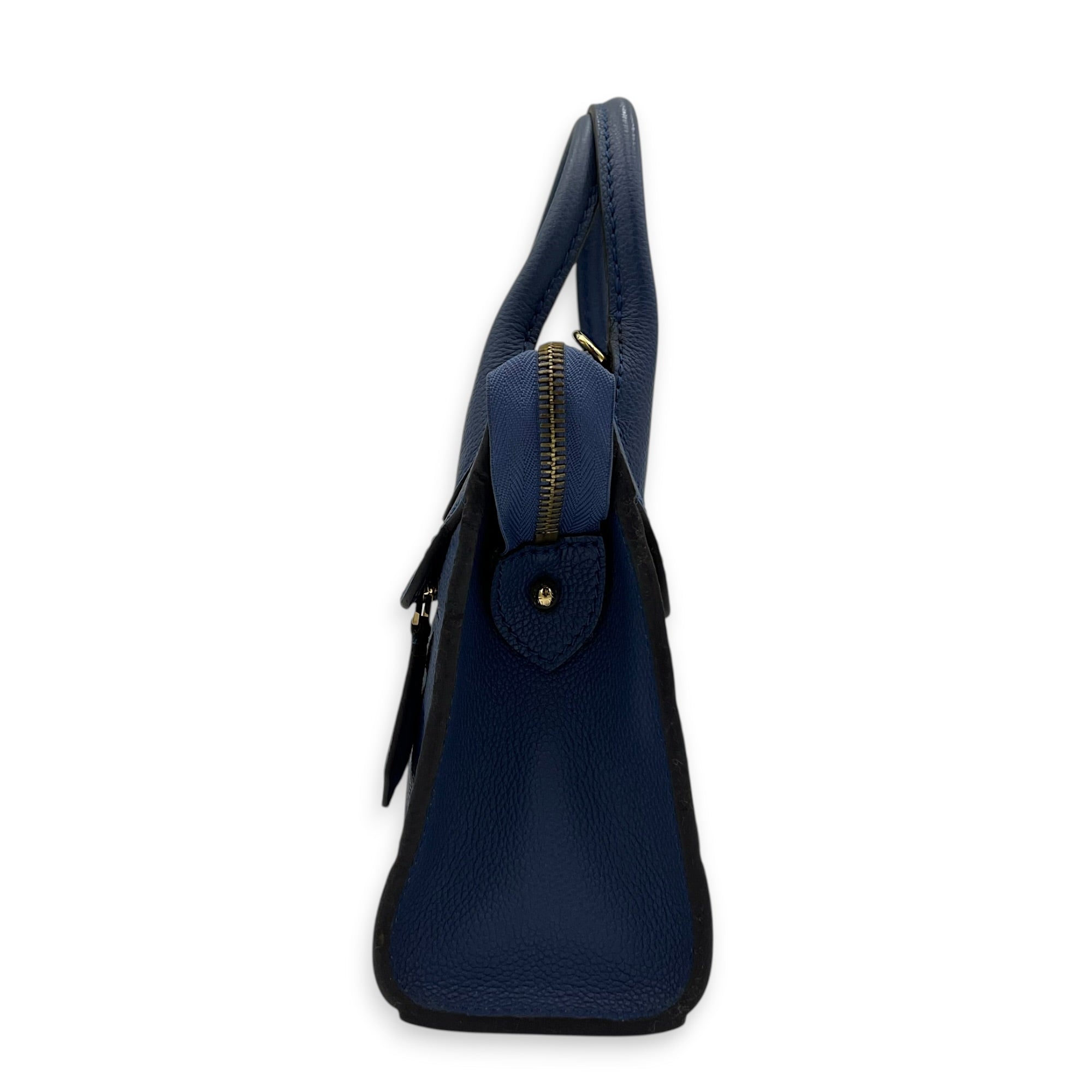 Pont Neuf Mini Blue Top Handle Bag in Empreinte Leather, Gold hardware