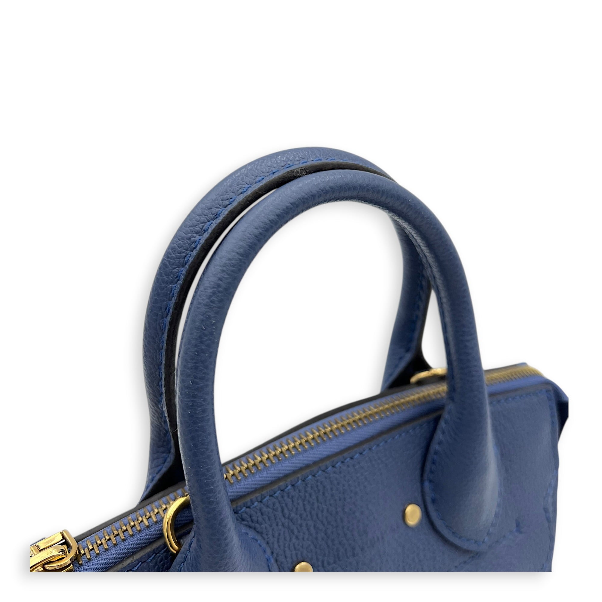 Pont Neuf Mini Blue Top Handle Bag in Empreinte Leather, Gold hardware